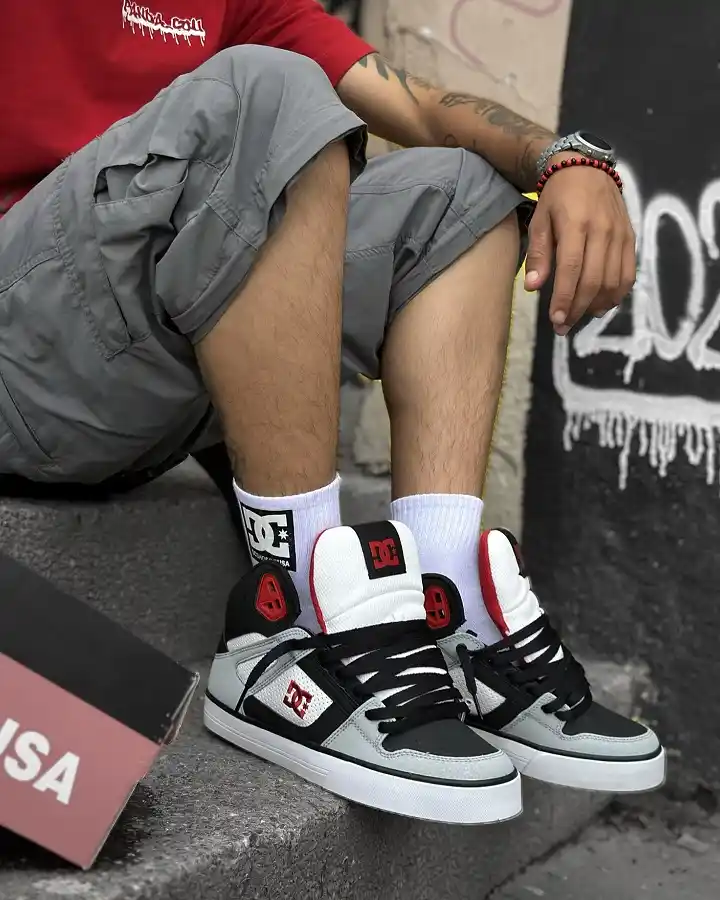 White High Tops, Grey Cargo Shorts, Red Tee