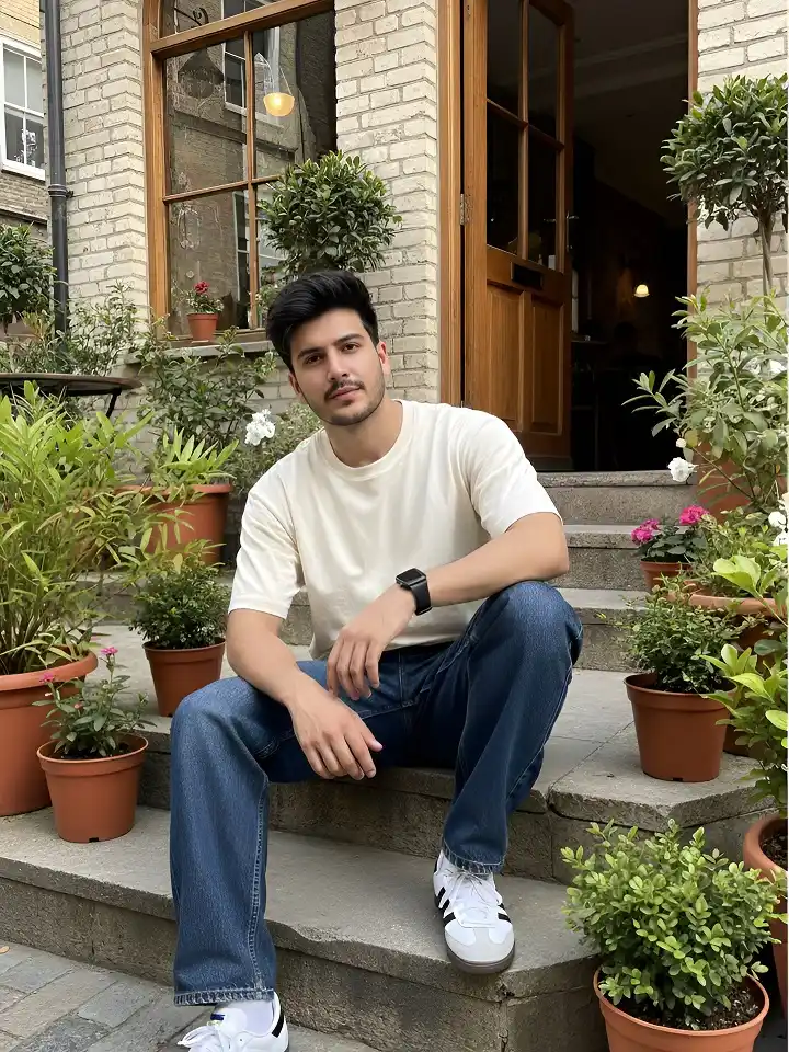 Cream Tee and Deep Indigo Baggy Jeans for an Easy Café Look