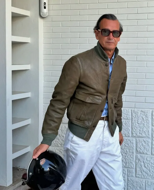 Olive Leather Bomber With White Trousers for Warm Weather