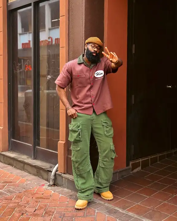 Stacked Pocket Green Cargos With A Dusty Rose Camp Shirt