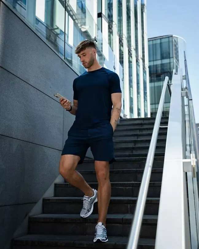 Navy Tee and Shorts Set With Grey Running Shoes
