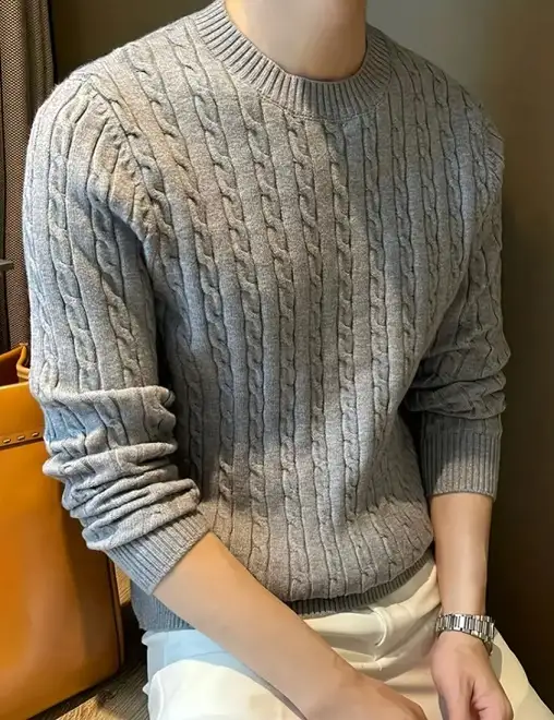 20 Cable Knit Sweater Outfits For Men That Look Expensive 4 Grey Cable Crewneck Over Cream Trousers