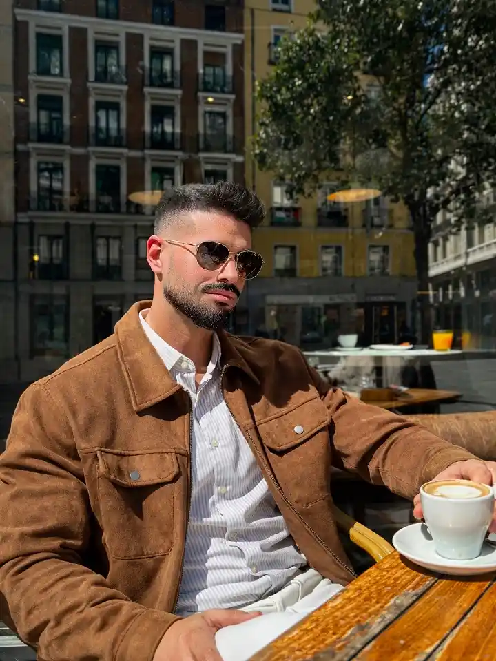 22 Coffee Date Outfits for Men That Make a Great First Impression 21 Suede Trucker Jacket Over Stripes, the Jacket That Works Harder Than It Looks