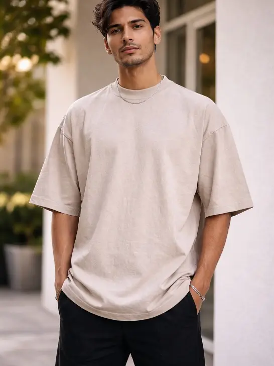 21 Men's T-Shirt Outfit Ideas That Actually Look Put Together 14 Oatmeal Drop Shoulder Tee With Relaxed Black Pants