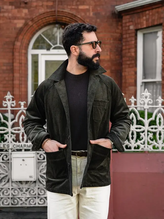 Olive Corduroy Shirt Jacket Over an All-Black Knit