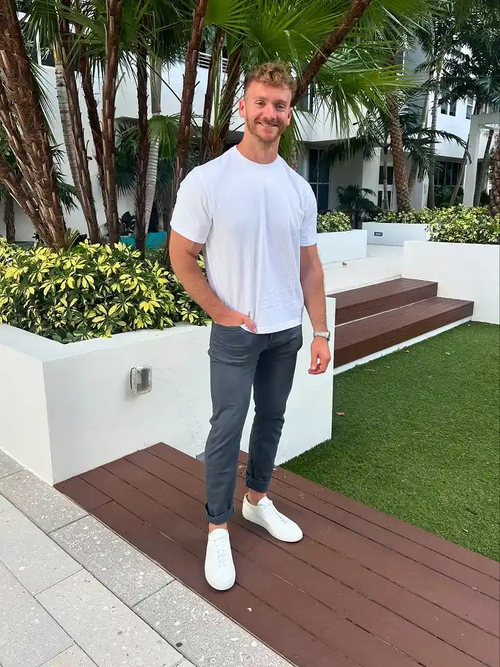Keep It Simple With a White Tee and Charcoal Trousers