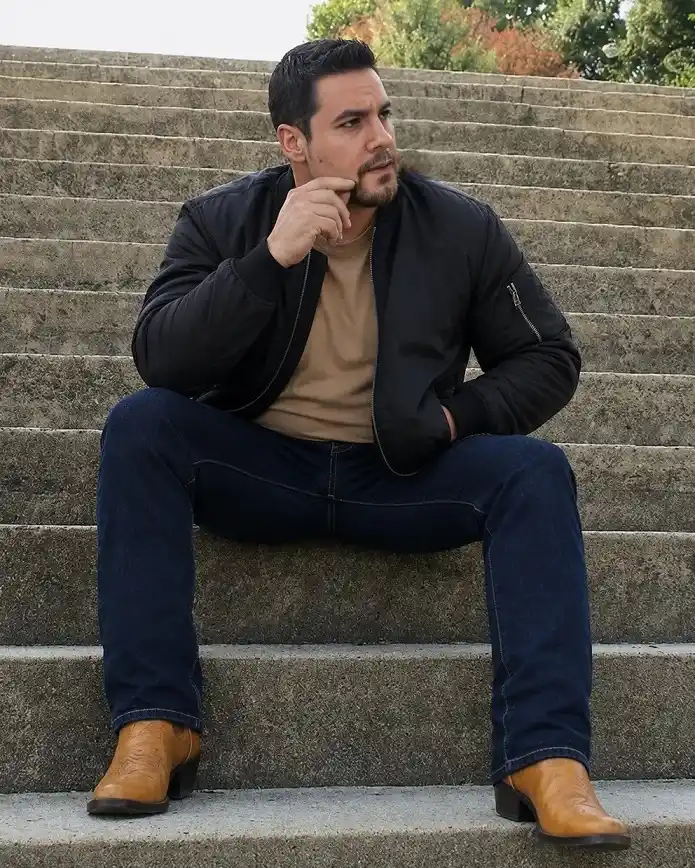 Black Bomber With Tan Western Boots