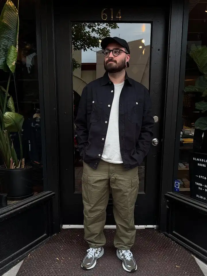 Black Overshirt Over Relaxed Olive Cargos