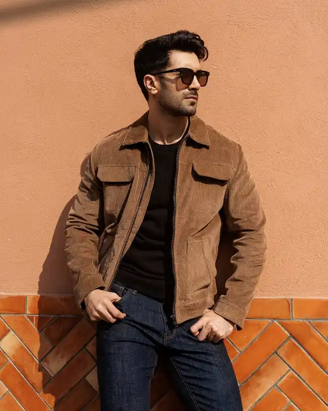 Tan Corduroy Overshirt With Dark Denim