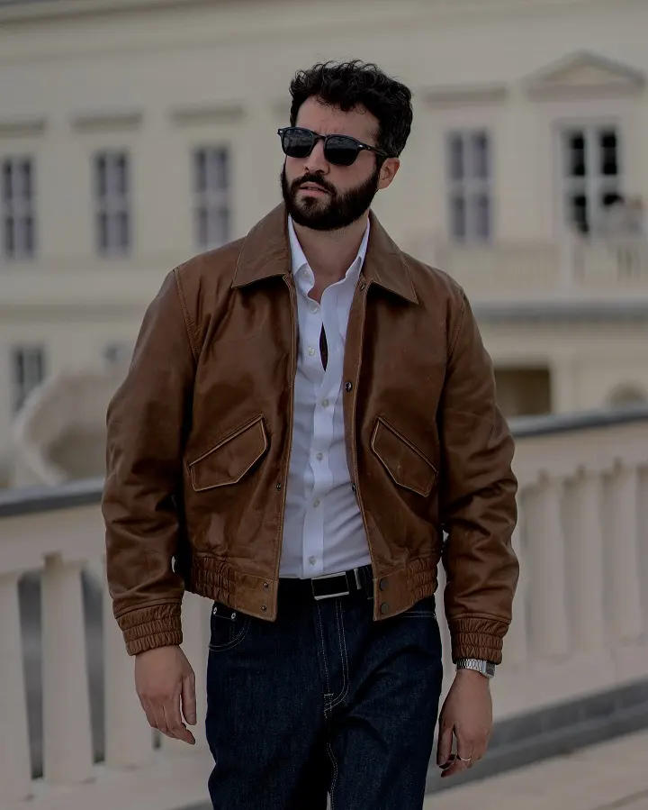 Brown Bomber and a Crisp White Dress Shirt