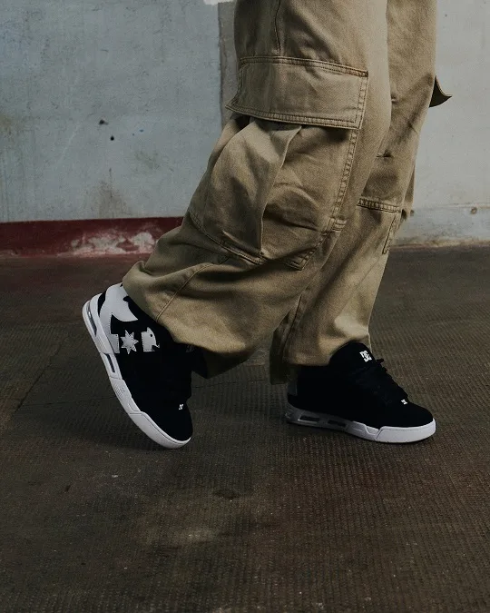 Black Suede High Tops Under Wide Khaki Cargos