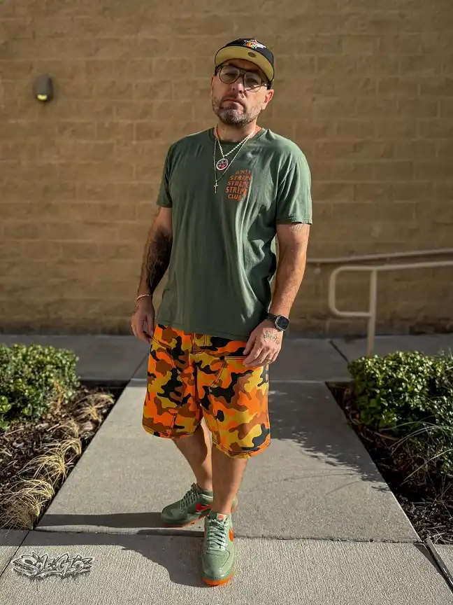 Orange Camo Shorts Grounded by an Olive Tee
