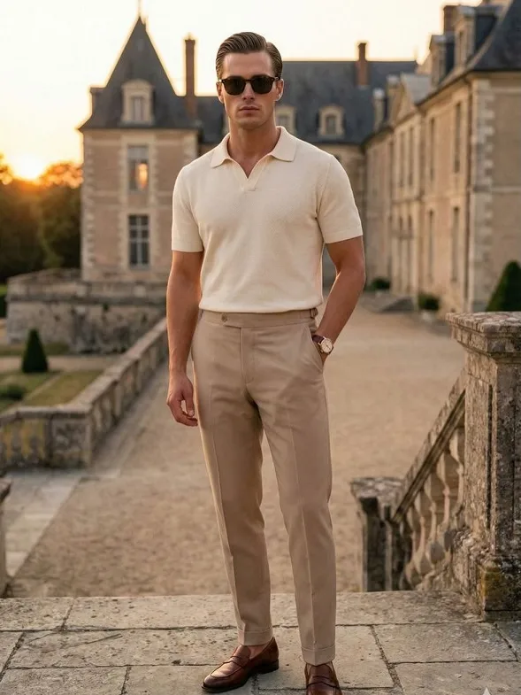 Cream Knit Polo Tucked Into Pleated Tan Trousers