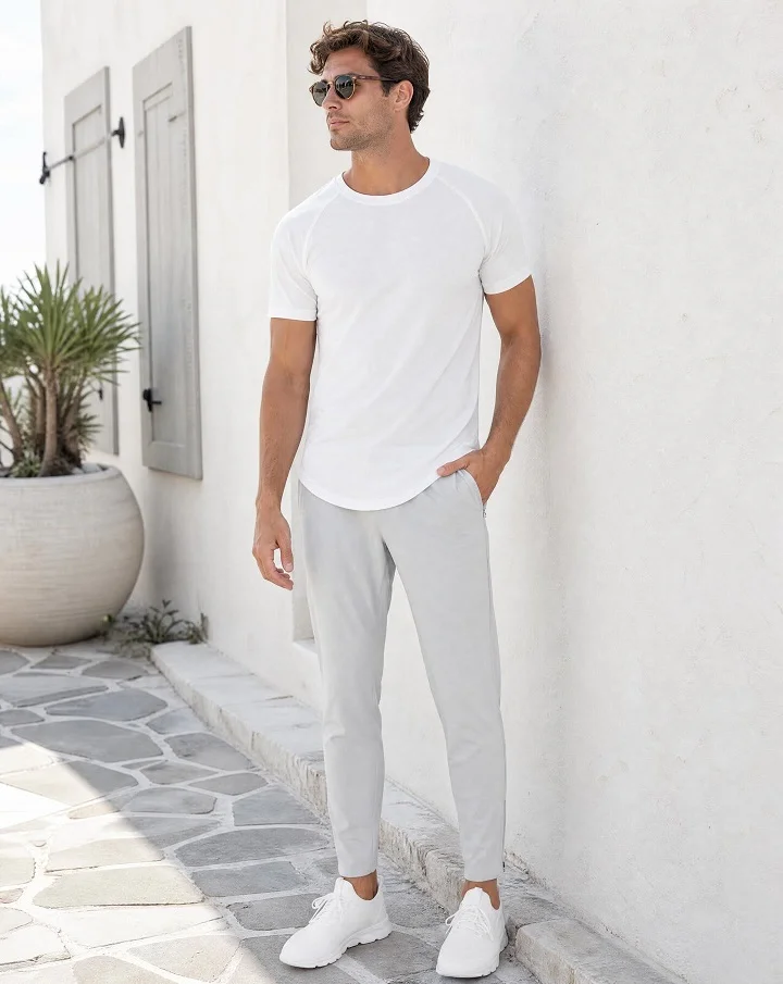 All White Tee With Light Grey Tapered Joggers