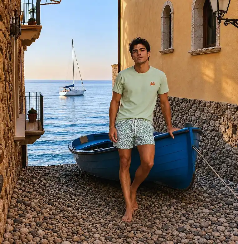 Soft Green Tee with a Micro Print Swim Short