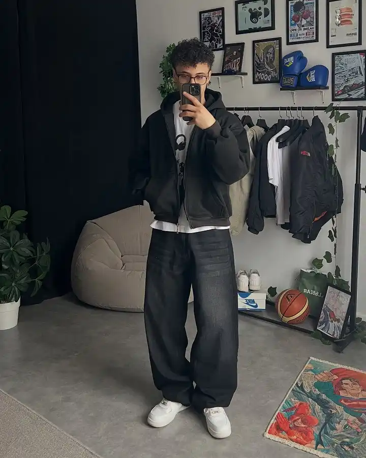 All-Black Zip Hoodie Over Baggy Denim