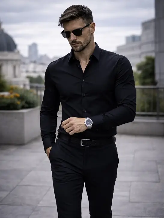 Summer Fashion for Skinny Guys: 20 Looks That Add Shape and Height 13 All Black Shirt and Trousers