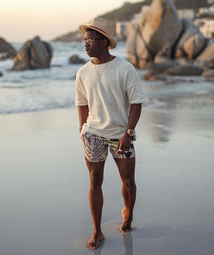 Textured Cream Tee and Abstract Print Swim Shorts