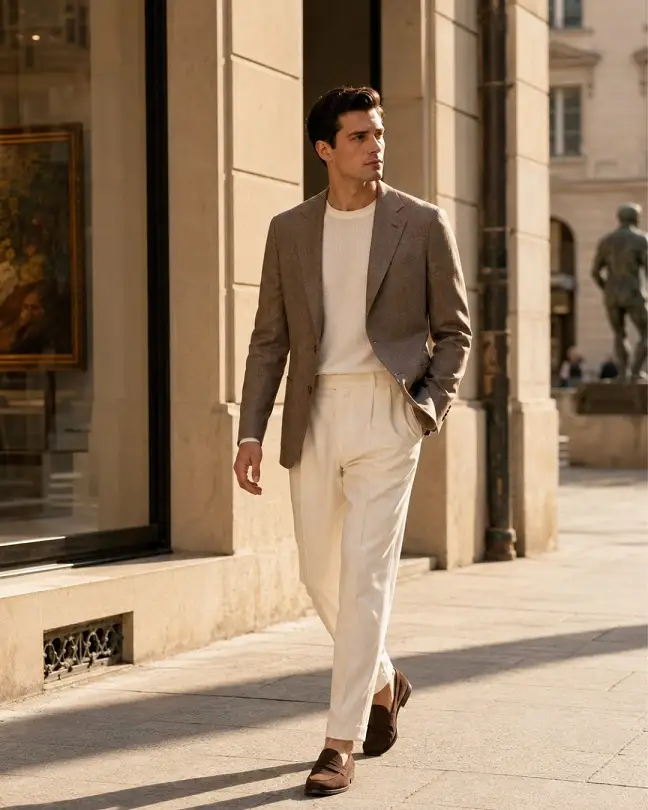 Tweed Blazer Over a Knit Crewneck for Textured Autumn Layering