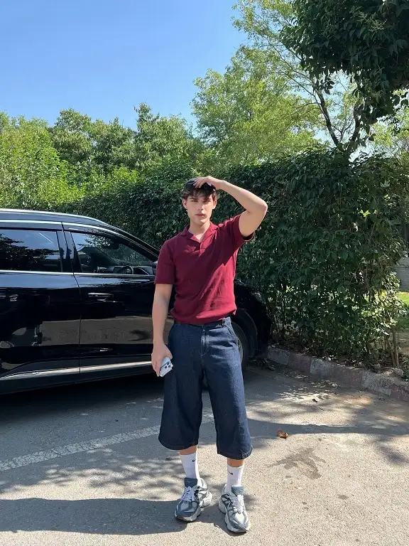 Maroon Polo and Denim Shorts