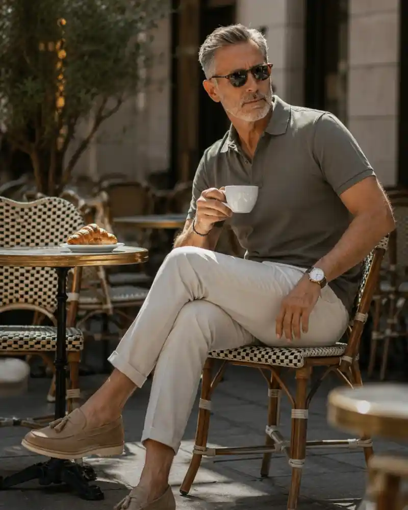 Olive Polo, Off White Trousers, Suede Tassel Loafers
