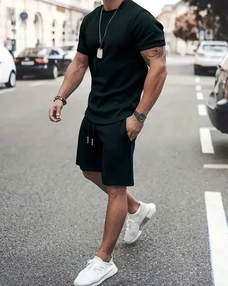 22 Black Shorts Outfit Ideas for Men That Actually Look Put Together 23 Fitted Black Tee and Drawstring Shorts