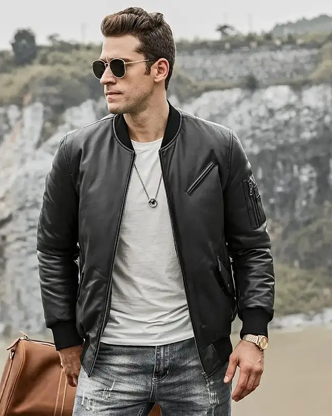 Leather Bomber With Ribbed Collar and Grey Wash Jeans