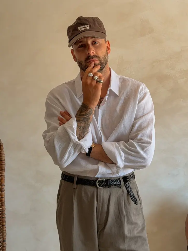 White Linen Shirt With Earth Toned Pleated Trousers