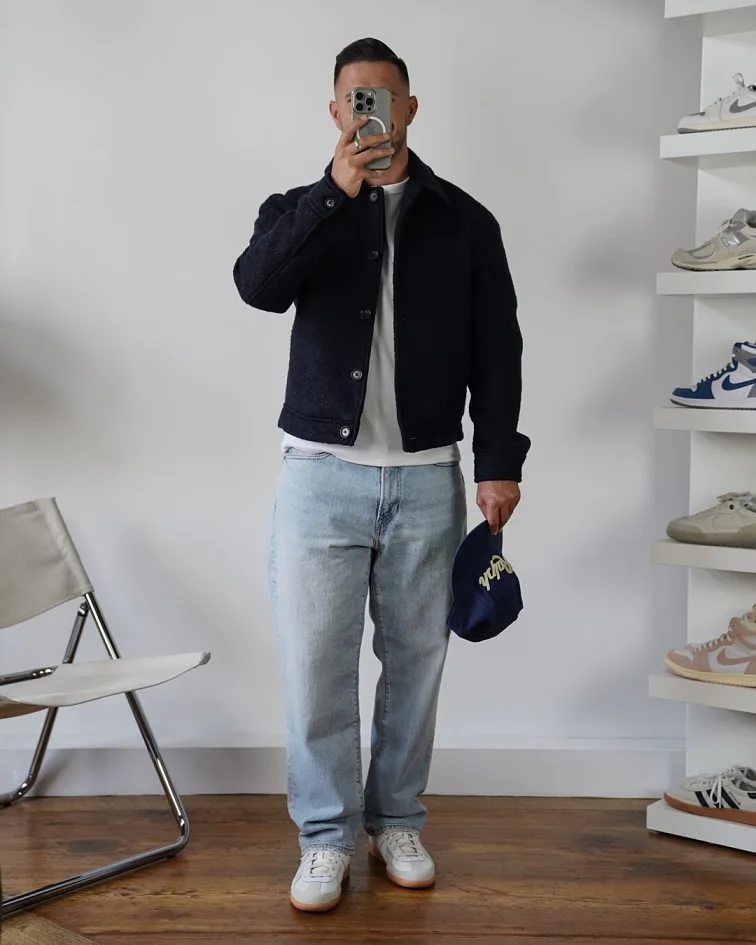 Navy Wool Jacket and Light Jeans for Cool-Weather Denim