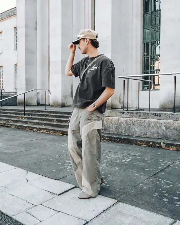 Grey Parachute Cargos With A Faded Charcoal Tee