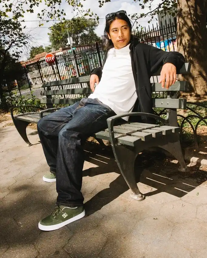 Olive Green Lows With Raw Denim and a Black Zip Hoodie