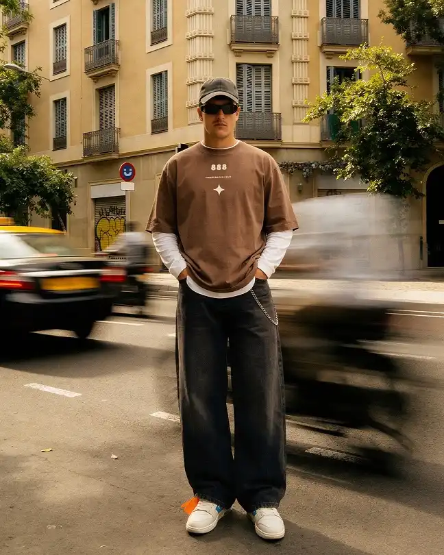 21 Men's T-Shirt Outfit Ideas That Actually Look Put Together 10 Brown Graphic Tee Layered Over a White Long Sleeve