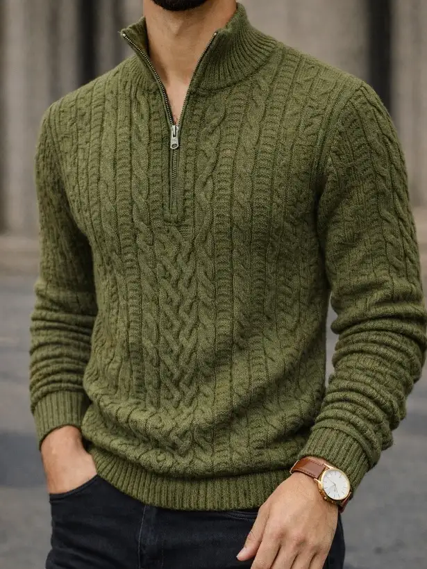 20 Cable Knit Sweater Outfits For Men That Look Expensive 12 Olive Quarter Zip Cable Knit Over Black Denim