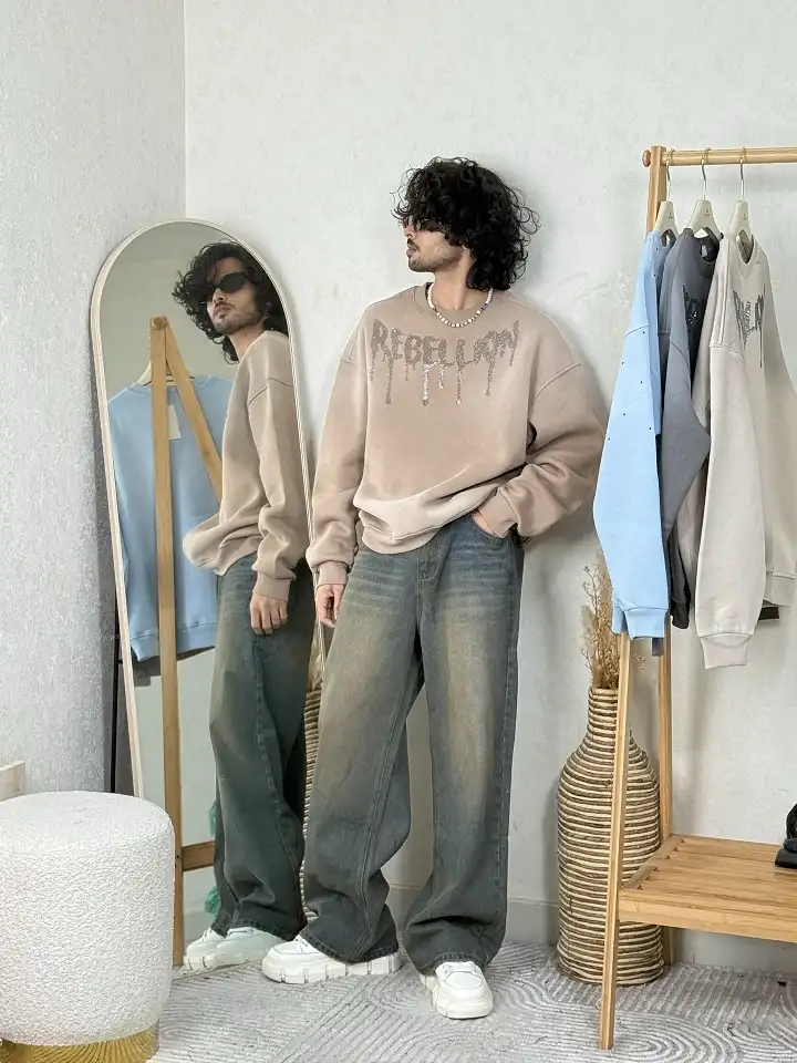 Rhinestone Graphic Sweatshirt with Faded Olive Wide-Leg Jeans
