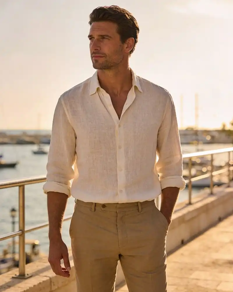 17 Minimalist Summer Outfits for Guys: Cool, Clean, Effortless Looks 18 Cream Linen and Camel Chinos for a Sunset Stroll by the Water