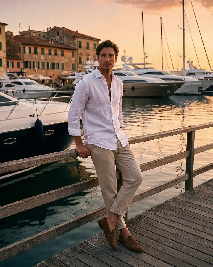 17 Minimalist Summer Outfits for Guys: Cool, Clean, Effortless Looks 10 Shirt Half Open, No Socks: The Golden Hour Marina Look