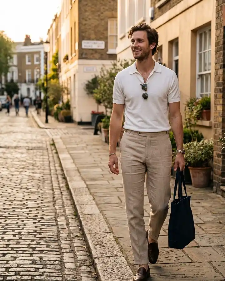 White Knit Polo With Beige Trousers for the City