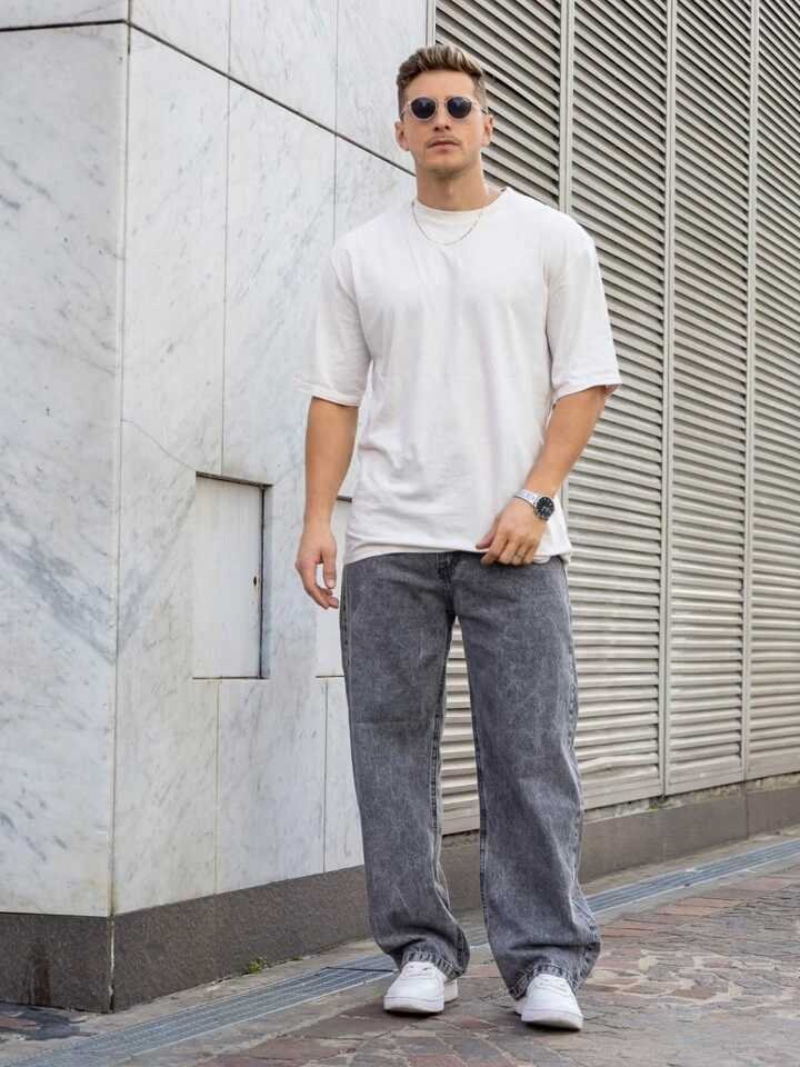 Boxy Cream Tee with Grey Marbled Wide-Leg Jeans