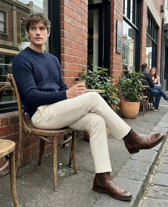 20 Cable Knit Sweater Outfits For Men That Look Expensive 18 Navy Cable Knit With Cream Trousers And Brown Chelsea Boots
