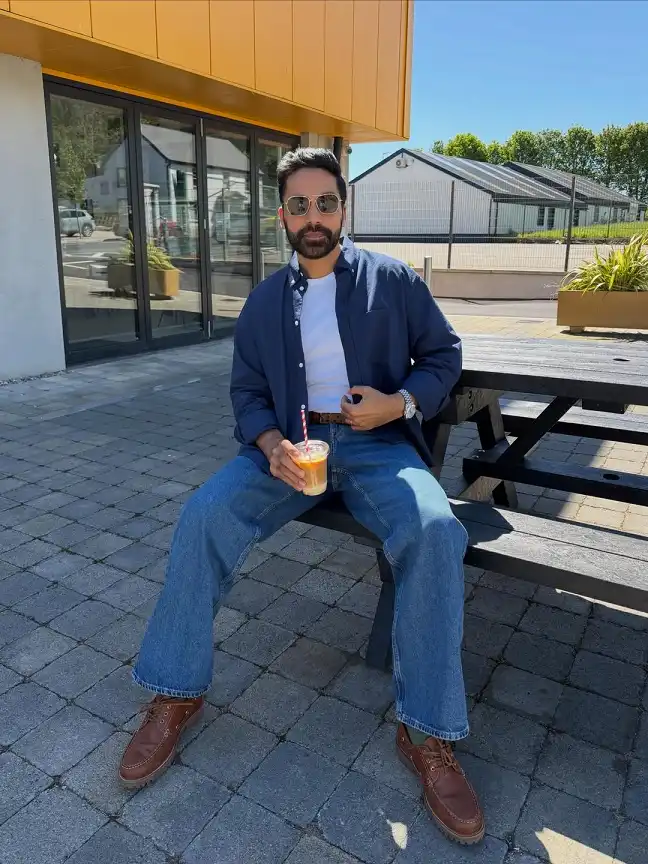 Navy Overshirt Over a White Tee for Slow Weekend Days