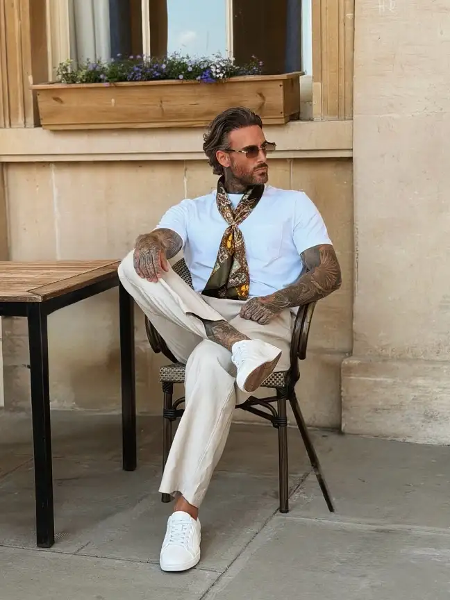 Plain White Tee and Cream Trousers, Lifted by a Printed Scarf