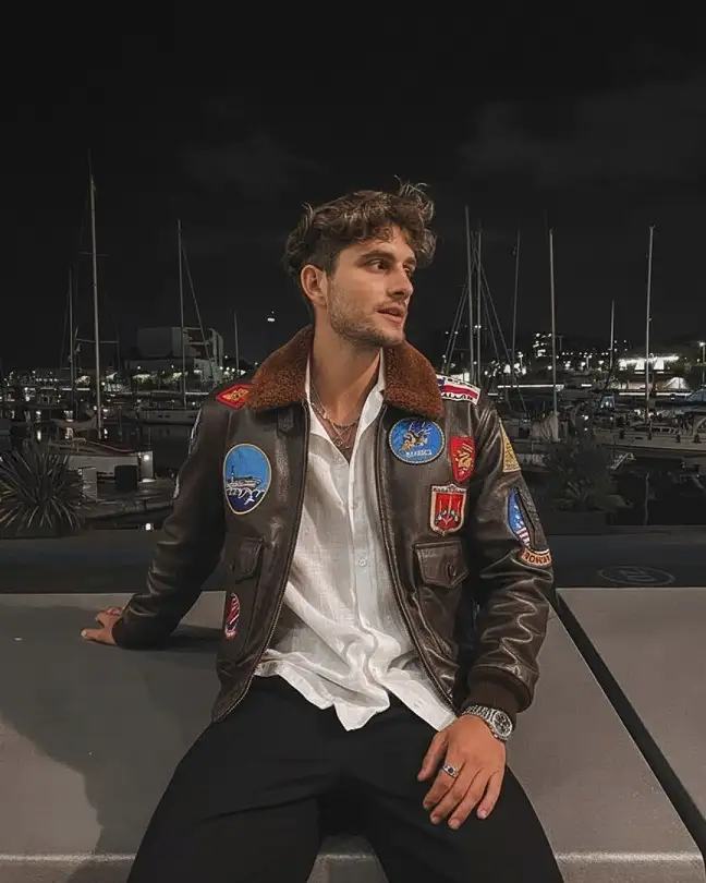Patched Flight Jacket With a Loose White Shirt