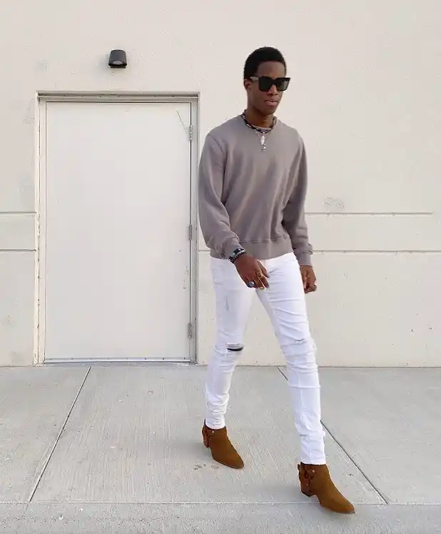 Summer Fashion for Skinny Guys: 20 Looks That Add Shape and Height 9 Taupe Sweatshirt and White Jeans