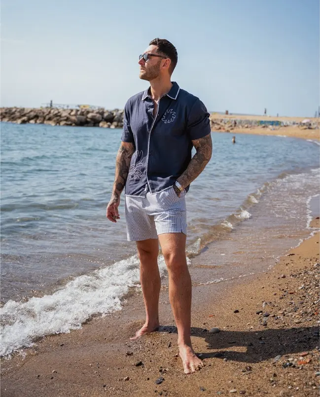 Navy Camp Collar Shirt with Fine Stripe Shorts