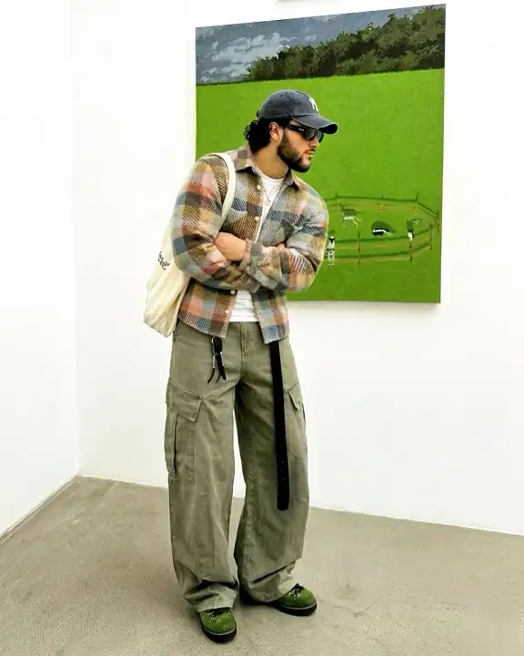 Faded Wide Cargos With A Pastel Flannel Shirt Jacket