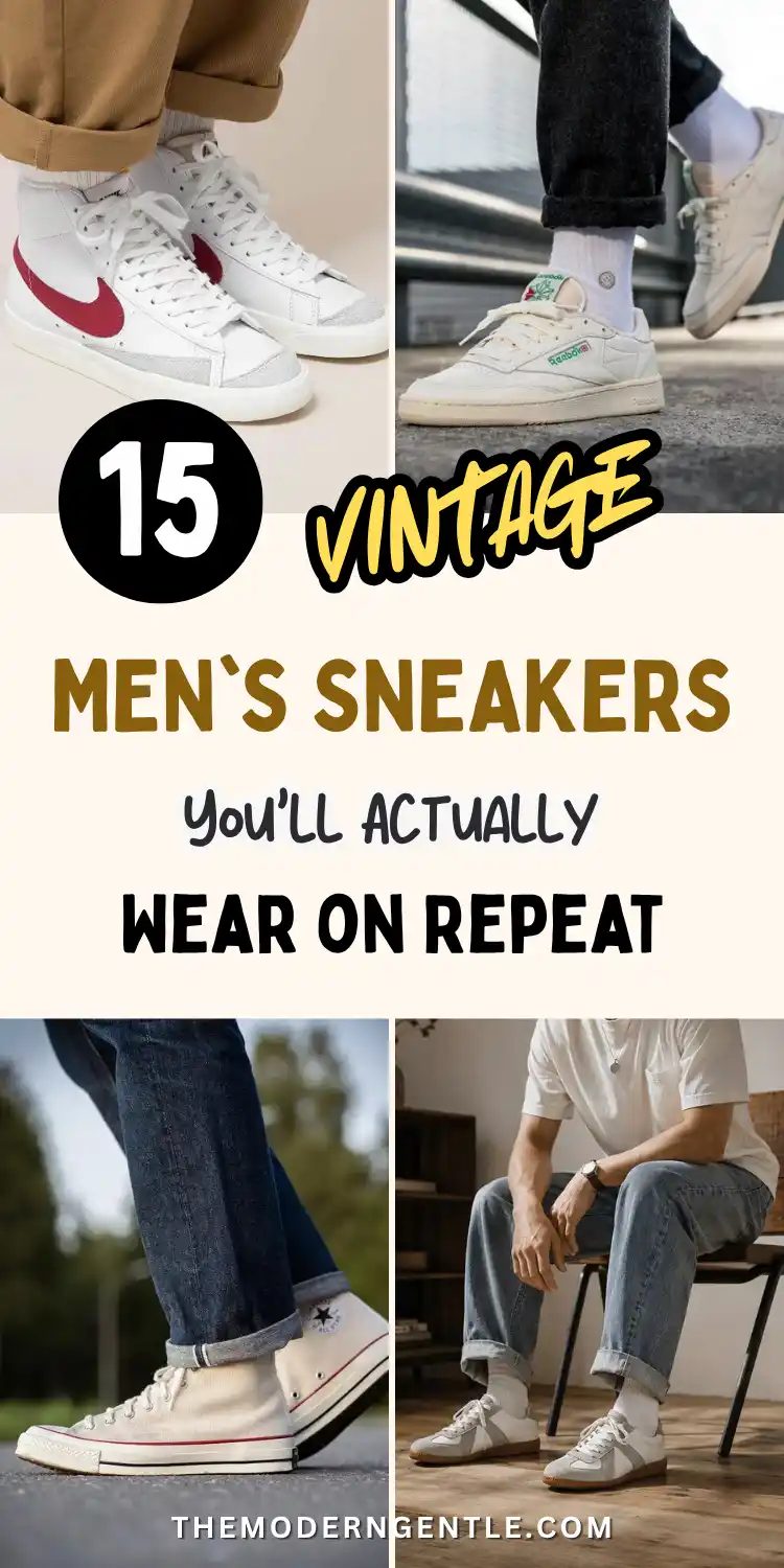 15 Vintage Men's Sneakers You'll Actually Wear on Repeat 2 A white leather high top with a red swoosh sits above cuffed camel trousers, a grey suede trainer pairs with white socks near a railing, a cream canvas high top shows below cuffed dark denim outdoors, and a grey suede low top trainer rests with a cuffed denim outfit on a wood floor. Bold text reads 15 Vintage Men's Sneakers You'll Actually Wear on Repeat, spotlighting this German army trainer and men's fashion roundup.