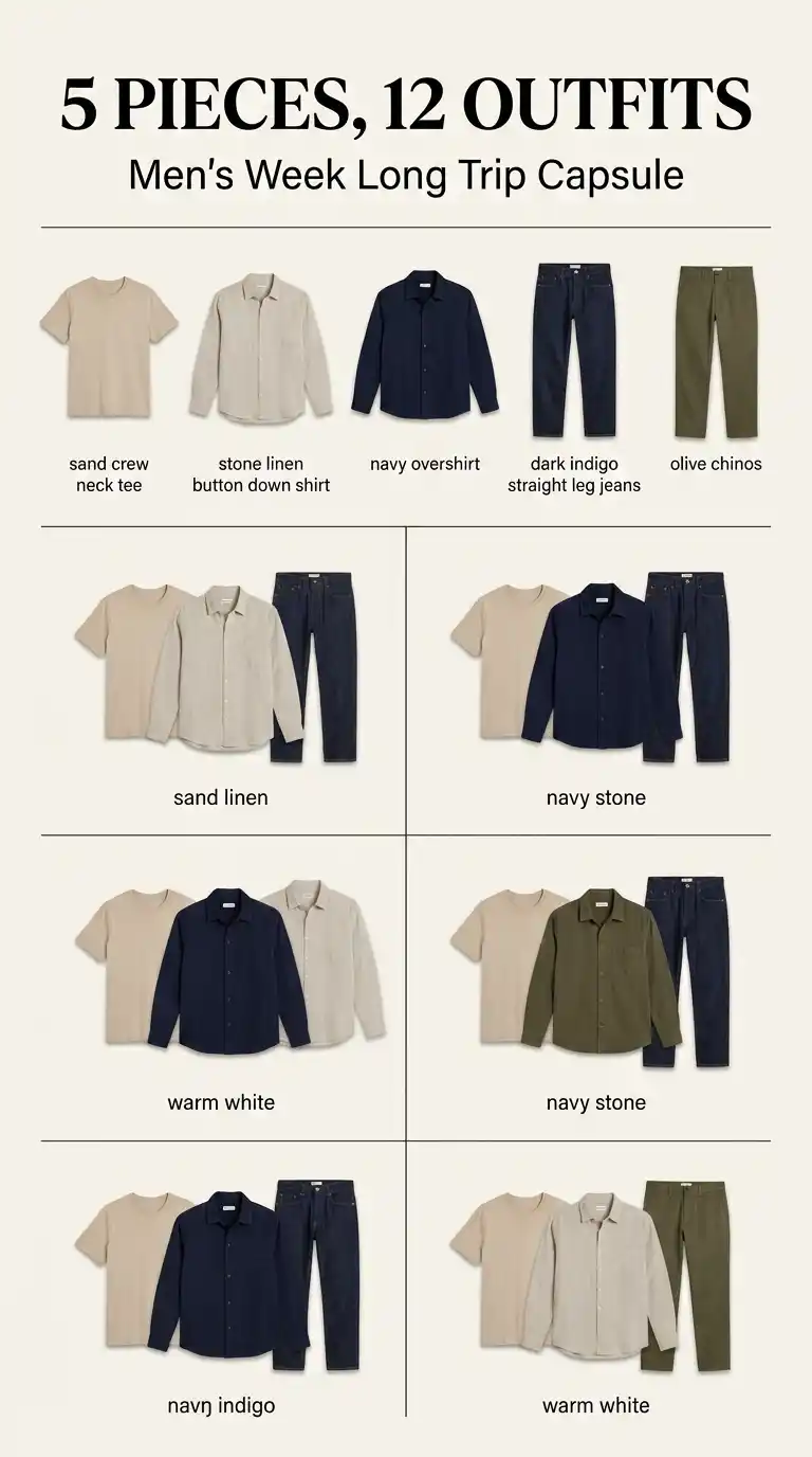 5 Piece Capsule Wardrobe for Men's Week Long Trips (12 Outfits, One Carry On) 2 5 Piece Capsule Wardrobe for Men’s Week Long Trips
