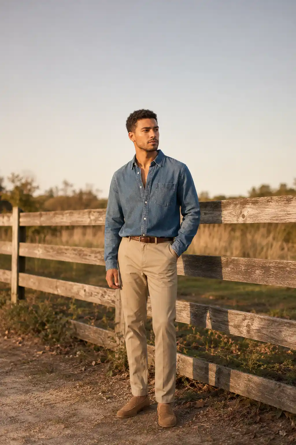 13 Weekday Capsule Outfits For Men: Sharp Every Day 10 Denim Shirt With Khakis And Suede Loafers