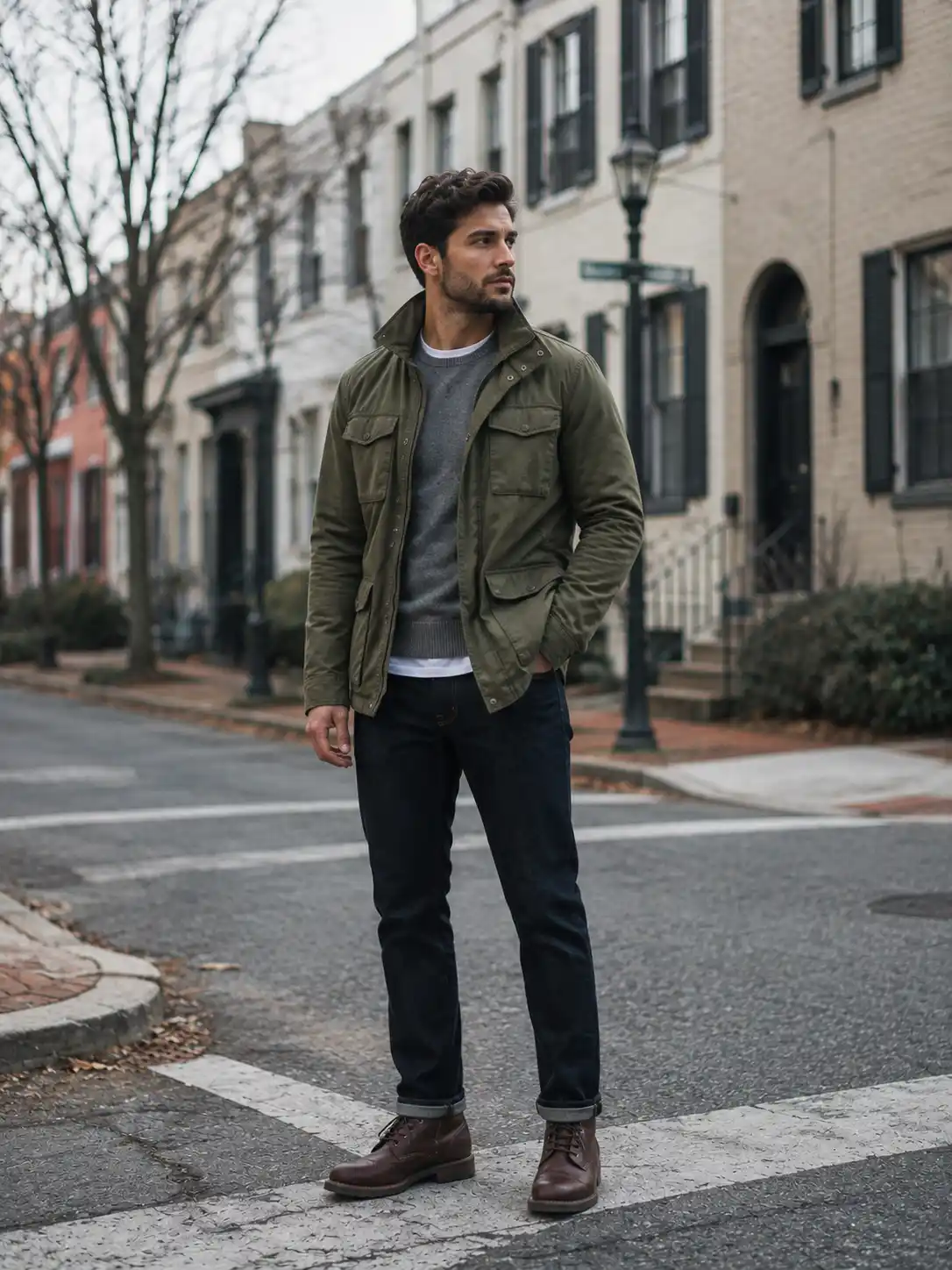 13 Weekday Capsule Outfits For Men: Sharp Every Day 11 Field Jacket Over A Grey Knit And Dark Denim
