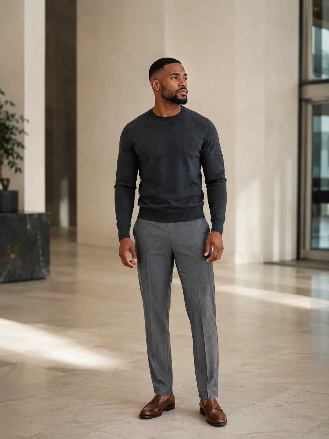 13 Weekday Capsule Outfits For Men: Sharp Every Day 3 Charcoal Fine Gauge Knit With Grey Wool Trousers
